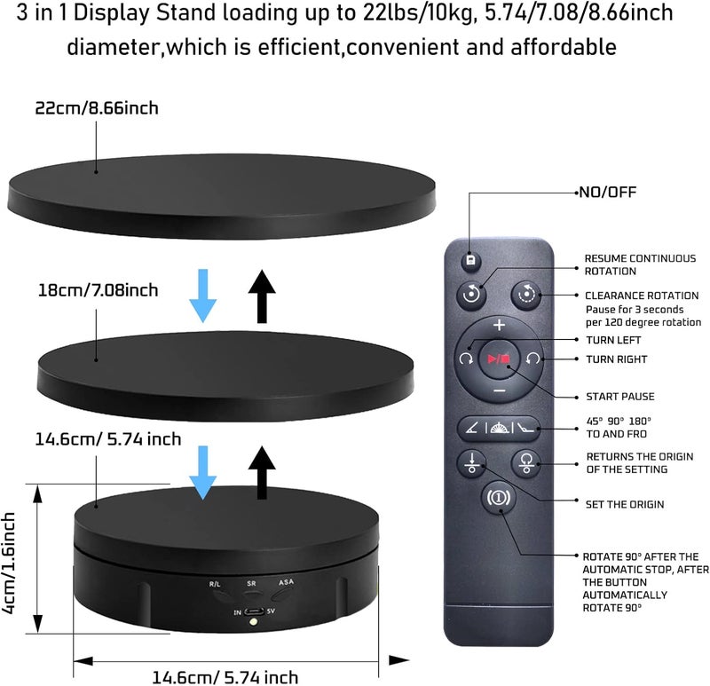 JAYEGT 3 in1 Motorized Rotating Display Stand with 5.74 /7.08/ 8.66 inch Replacement Cover，Max 22lbs Load，360 Electronic Turntable for Photography Products (3 in1 / Black/ With Remote controller) - Image 2